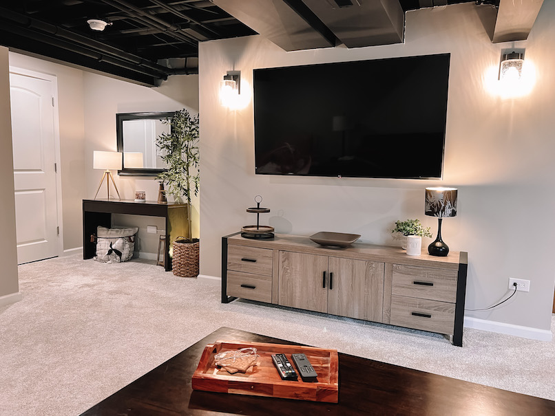 basement family room with tv